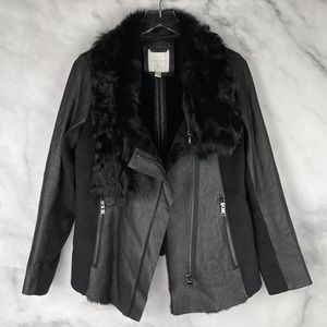 Ashley B Leather Shearling Wool Zipper Cowl Moto Biker Coat Jacket Black S $1795